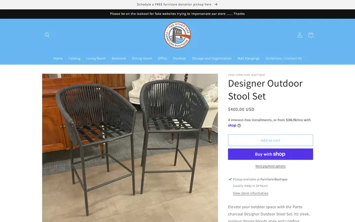 Website page titled Designer Outdoor Stool Set – TOSA Furniture Boutique