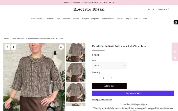 Website page titled Randi Cable Knit Pullover - Ash Chocolate – Electric Dream Boutique