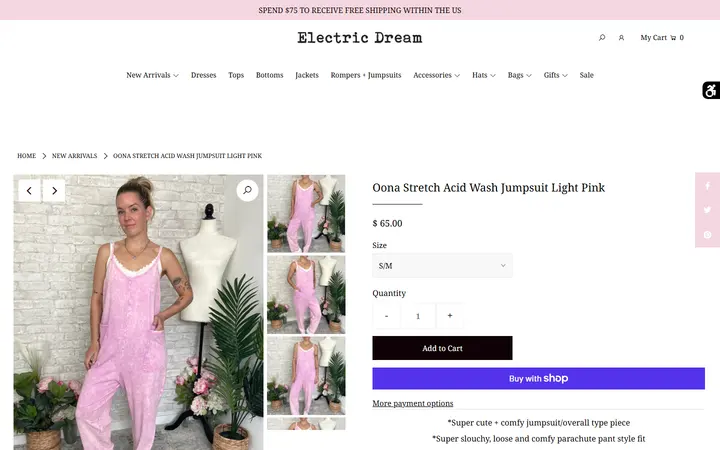 Website page titled Oona Stretch Acid Wash Jumpsuit Light Pink – Electric Dream Boutique