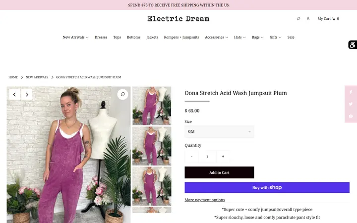 Website page titled Oona Stretch Acid Wash Jumpsuit Plum – Electric Dream Boutique