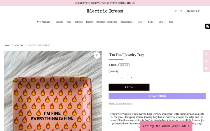 Website page titled "I'm Fine" Jewelry Tray – Electric Dream Boutique
