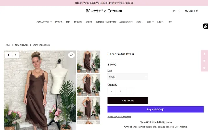 Website page titled Cacao Satin Dress – Electric Dream Boutique