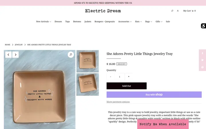 Website page titled She Adores Pretty Little Things Jewelry Tray – Electric Dream Boutique