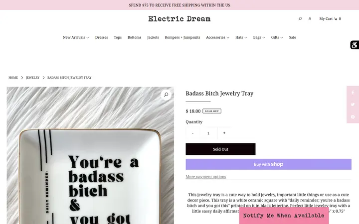 Website page titled Badass Bitch Jewelry Tray – Electric Dream Boutique