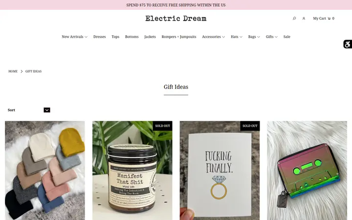 Website page titled Gift Ideas – Electric Dream Boutique