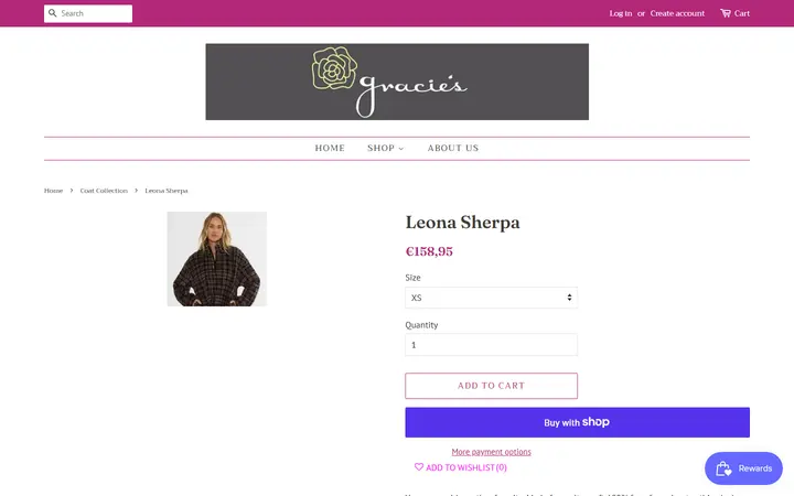 Website page titled Leona Sherpa – Gracie's Boutique