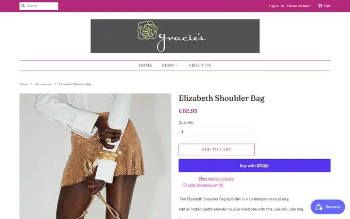 Website page titled Elizabeth Shoulder Bag – Gracie's Boutique