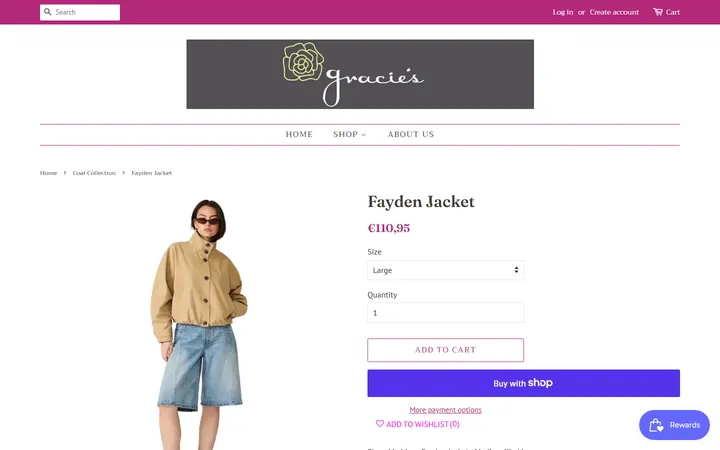 Website page titled Fayden Jacket – Gracie's Boutique