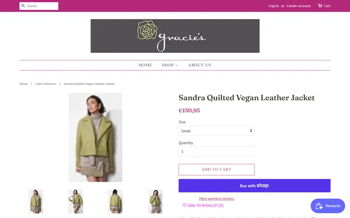 Website page titled Sandra Quilted Vegan Leather Jacket – Gracie's Boutique