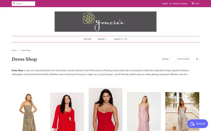 Website page titled Dress Shop – Gracie's Boutique