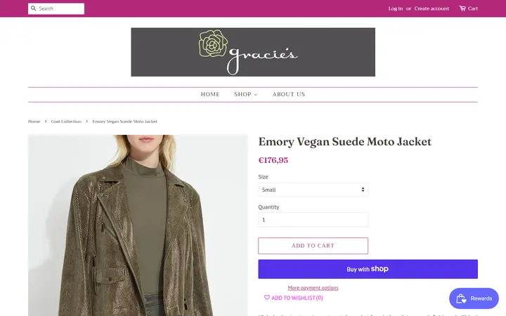 Website page titled Emory Vegan Suede Moto Jacket – Gracie's Boutique