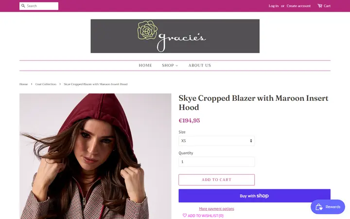 Website page titled Skye Cropped Blazer with Maroon Insert Hood – Gracie's Boutique