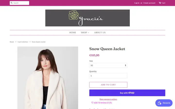 Website page titled Snow Queen Jacket – Gracie's Boutique