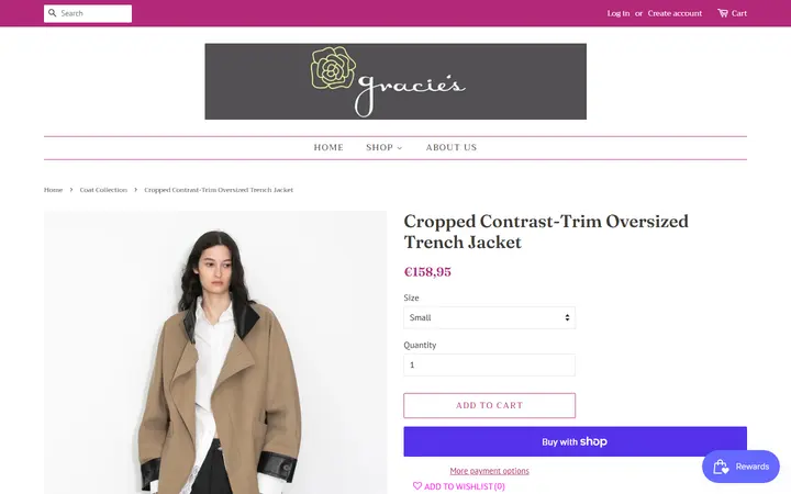 Website page titled Cropped Contrast-Trim Oversized Trench Jacket – Gracie's Boutique
