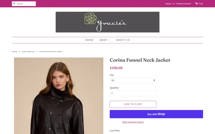 Website page titled Corina Funnel Neck Jacket – Gracie's Boutique