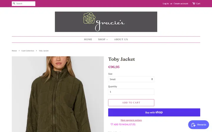 Website page titled Toby Jacket – Gracie's Boutique