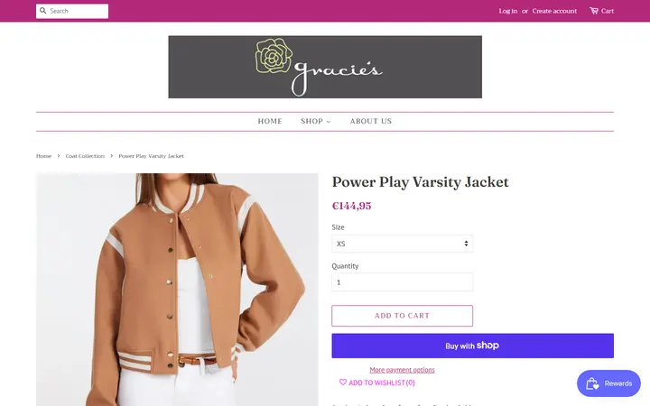 Website page titled Power Play Varsity Jacket – Gracie's Boutique