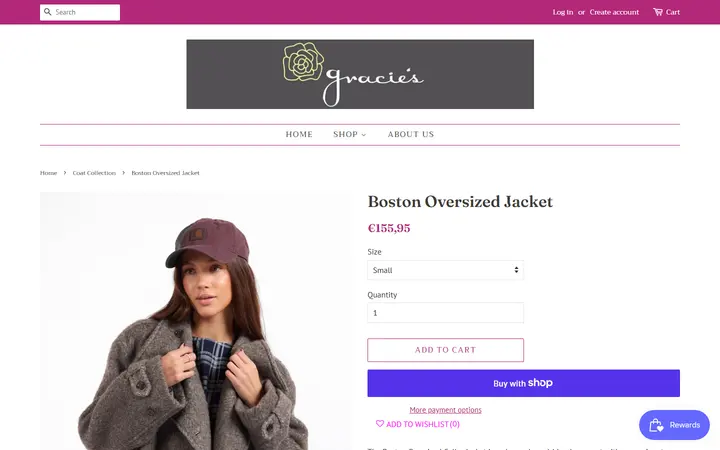 Website page titled Boston Oversized Jacket – Gracie's Boutique