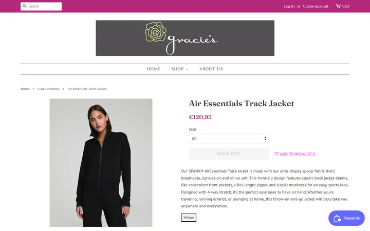 Website page titled Air Essentials Track Jacket – Gracie's Boutique