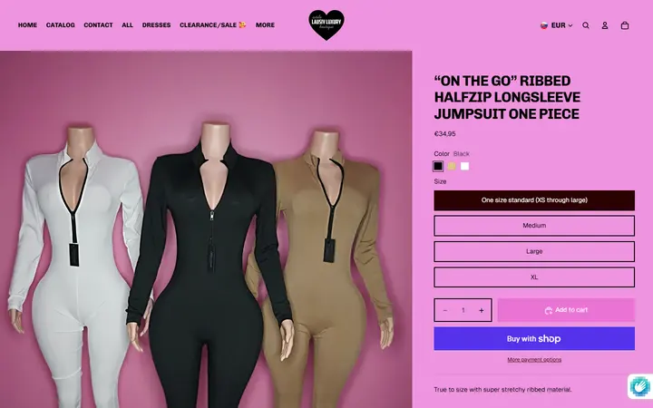 Website page titled “On the go” Ribbed Halfzip longsleeve jumpsuit one piece – Estilo lausiv luxury