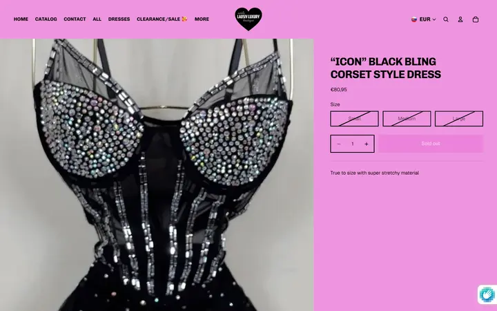 Website page titled “Icon” Black bling corset style dress – Estilo lausiv luxury
