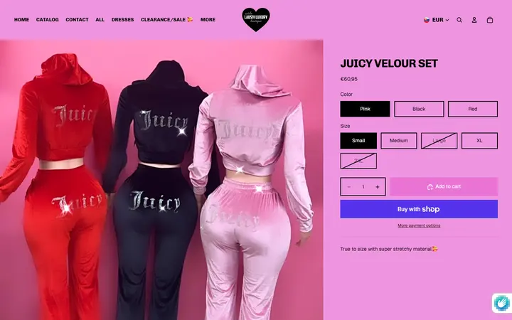 Website page titled Juicy velour set – Estilo lausiv luxury