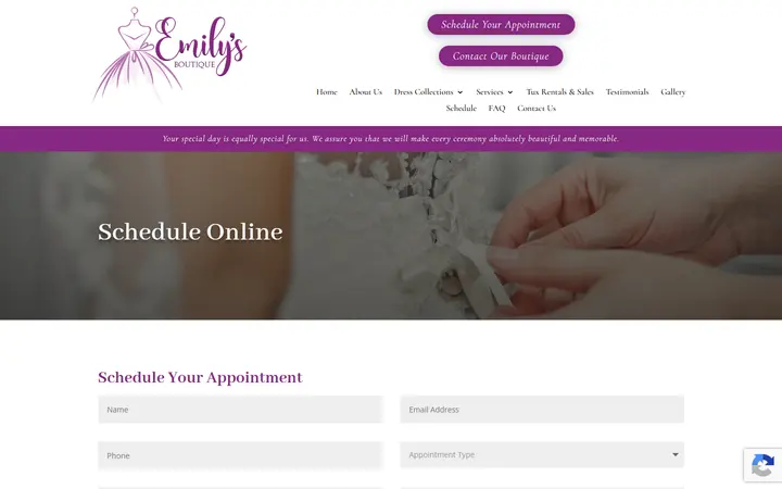 Website page titled Schedule | Emily's Boutique | Wedding, Prom, and Quinceanera Dresses in Denver, CO