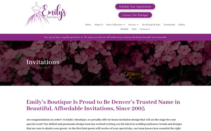 Website page titled Invitations | Emily's Boutique | Wedding, Prom, and Quinceanera Dresses in Denver, CO