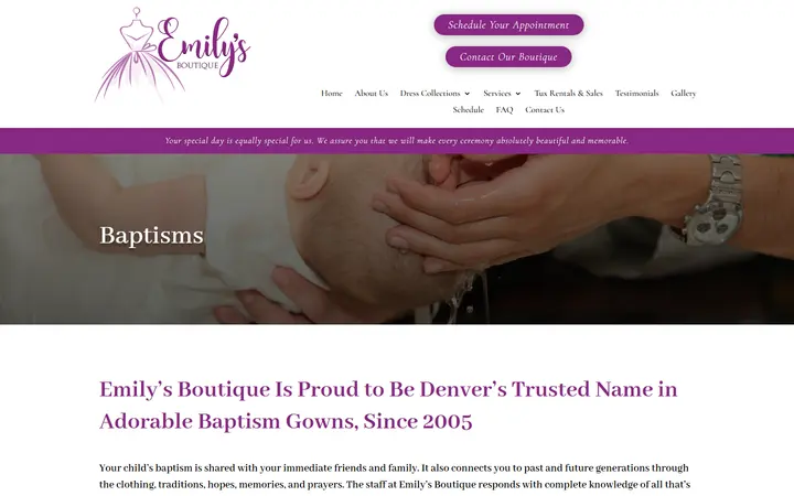Website page titled Baptisms | Emily's Boutique | Wedding, Prom, and Quinceanera Dresses in Denver, CO