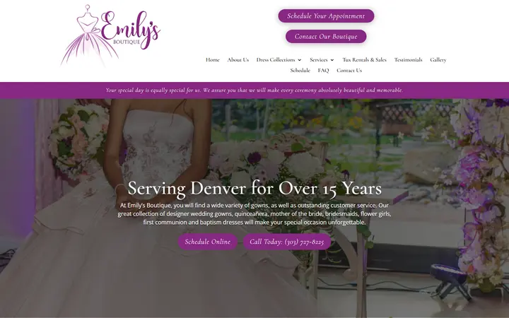 Website page titled Emily's Boutique | Wedding, Prom, and Quinceanera Dresses in Denver, CO