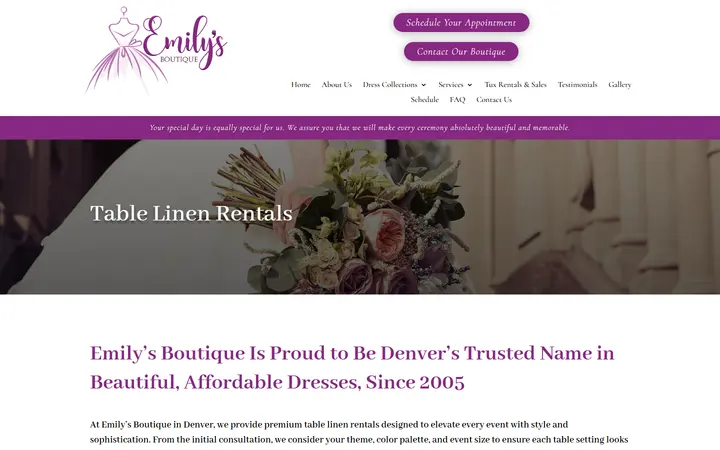Website page titled Table Linen Rentals | Emily's Boutique