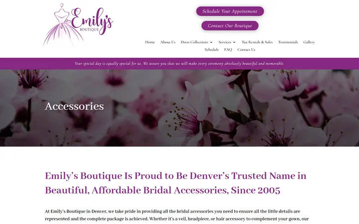 Website page titled Accessories | Emily's Boutique | Wedding, Prom, and Quinceanera Dresses in Denver, CO