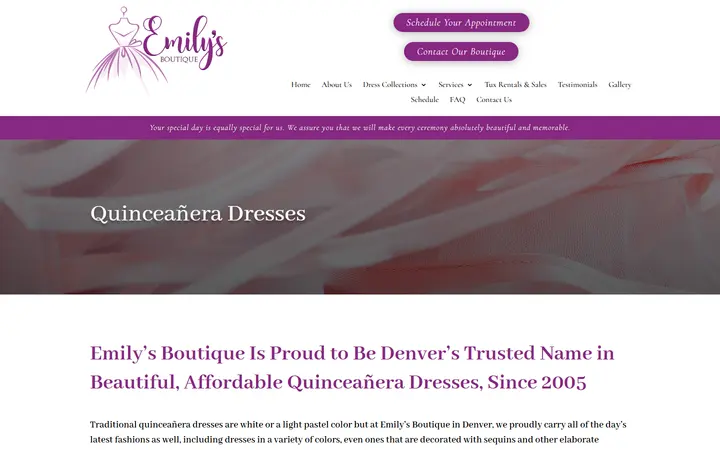 Website page titled Quinceañera | Emily's Boutique | Wedding, Prom, and Quinceanera Dresses in Denver, CO