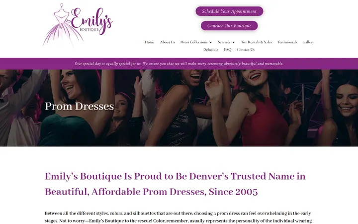Website page titled Prom | Emily's Boutique | Wedding, Prom, and Quinceanera Dresses in Denver, CO