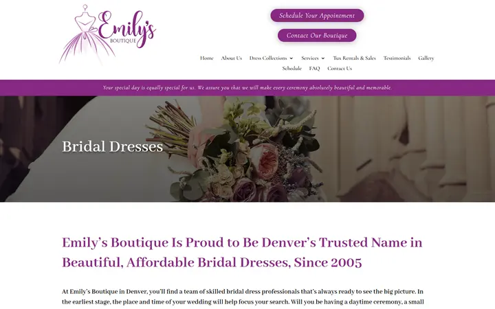 Website page titled Bridal | Emily's Boutique | Wedding, Prom, and Quinceanera Dresses in Denver, CO