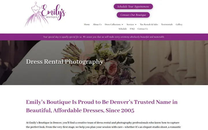 Website page titled Dress Rental Photography | Emily's Boutique