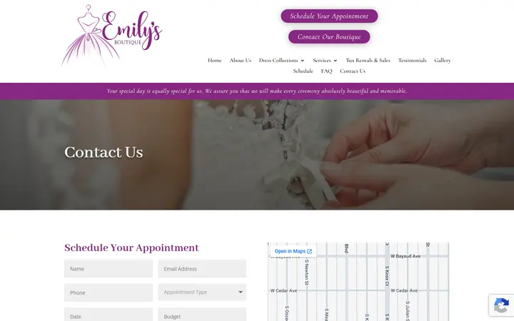 Website page titled Contact Us | Emily's Boutique | Wedding, Prom, and Quinceanera Dresses in Denver, CO