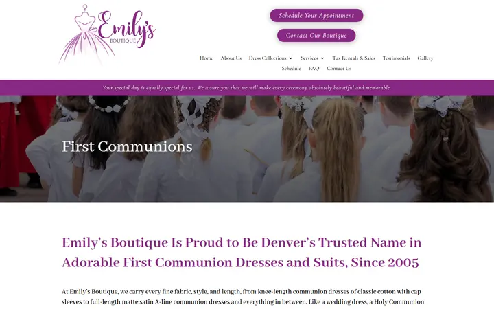 Website page titled First Communions | Emily's Boutique | Wedding, Prom, and Quinceanera Dresses in Denver, CO