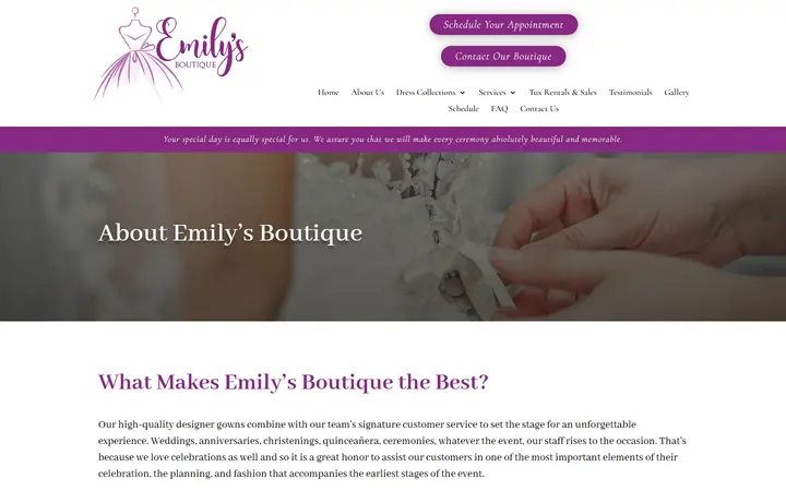 Website page titled About Us | Emily's Boutique | Wedding, Prom, and Quinceanera Dresses in Denver, CO