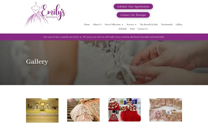 Website page titled Gallery | Emily's Boutique | Wedding, Prom, and Quinceanera Dresses in Denver, CO