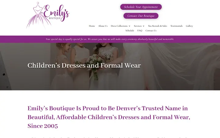 Website page titled Children’s | Emily's Boutique | Wedding, Prom, and Quinceanera Dresses in Denver, CO