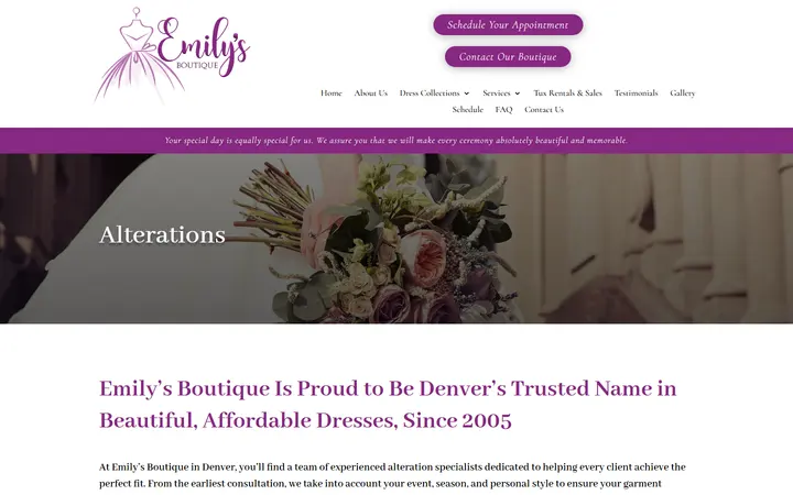 Website page titled Alterations | Emily's Boutique