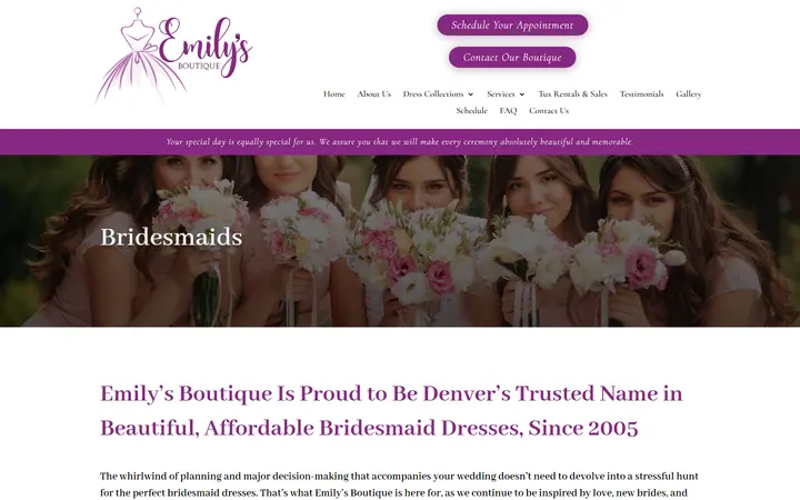Website page titled Bridesmaids | Emily's Boutique | Wedding, Prom, and Quinceanera Dresses in Denver, CO