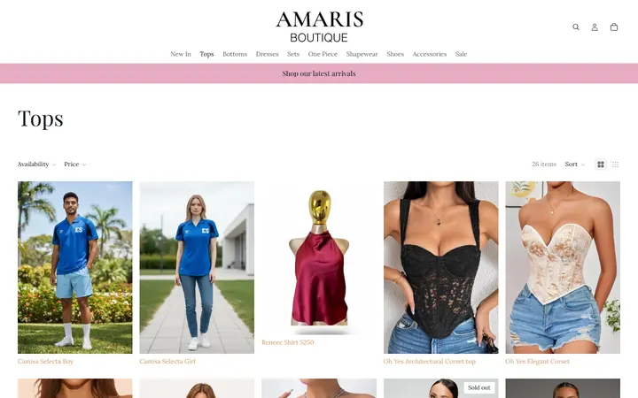 Website page titled Tops – Amaris Boutique