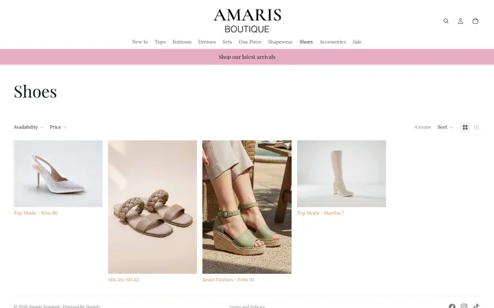 Website page titled Shoes – Amaris Boutique