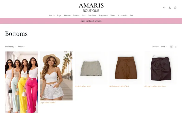 Website page titled Bottoms – Amaris Boutique