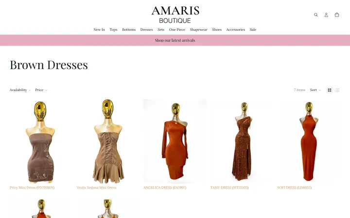 Website page titled Brown Dresses – Amaris Boutique
