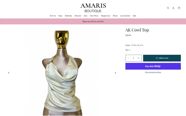 Website page titled AK Cowl Top – Amaris Boutique
