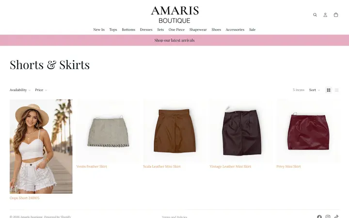 Website page titled Shorts & Skirts – Amaris Boutique