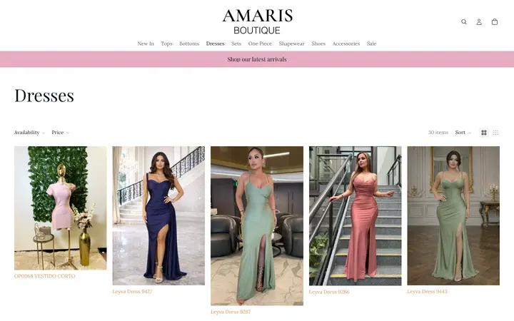 Website page titled Dresses – Amaris Boutique
